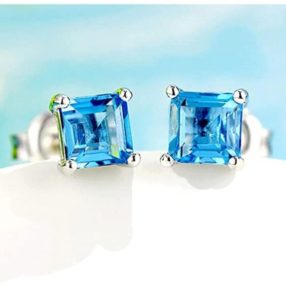 18k White Gold Plated Lake Blue Square Stud Earrings - Picture 2 of 4